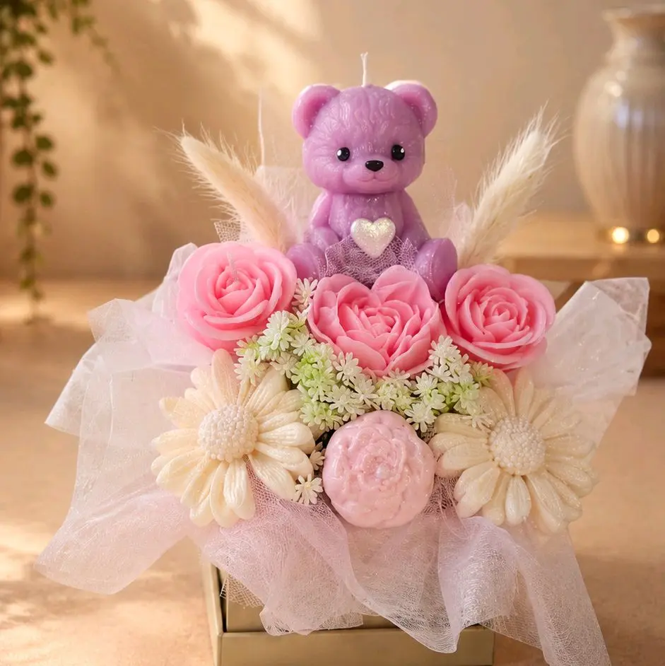 Handmade Floral Candle Bouquet with Teddy Bear, Pink & White Color, Citron Mandarin Scent, Luxury Gift for Special Occasions