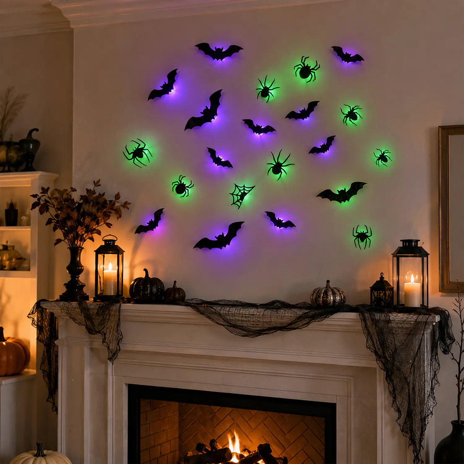 21PCS Halloween 3D LED Wall Decorations, 12 Bats & 9 Spiders with Purple Green Flashing Lights, Assorted Size Glow Wall Stickers, Battery Powered Spooky Decor for Halloween Party, Door, Window & Home