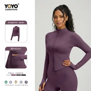 A sport jacket designed specifically for women, featuring a zipper. Yoga Jacket with Thumb Holes – Lightweight Fitness Jacket with Double-Way Zipper – BBL Effect Jacket, Athleisure Lavanda Exclusive Model.