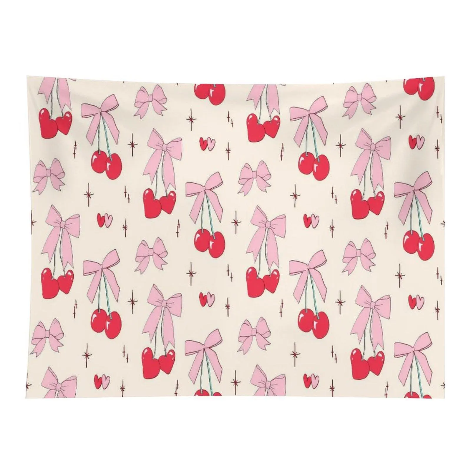 Coquette Pink Bow Cherry Red Heart Sparkle Cream Background Wall Tapestry Wall Hanging, Cute Girly Fruit Bow Repeat Pattern Art Decor for Teen Girls Bedroom Dorm Vanity Party Backdrop