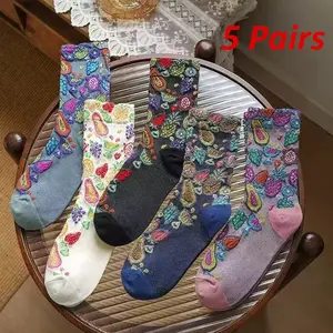 5 Pairs Women's Bohemian-Style Valentine'S Day Mid Calf Socks, Featuring a Textured Design, Soft And Cozy Material, And a Trendy Vintage Look - Ideal for Women's Fashion, with Five Distinct Patterns