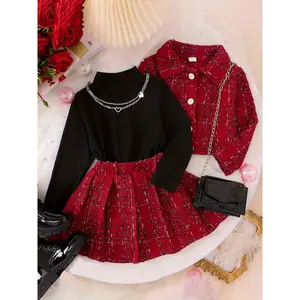 2025 new three-piece girls turtleneck black top + red plaid pleated skirt + red plaid short coat casual and comfortable daily wear birthday party family party