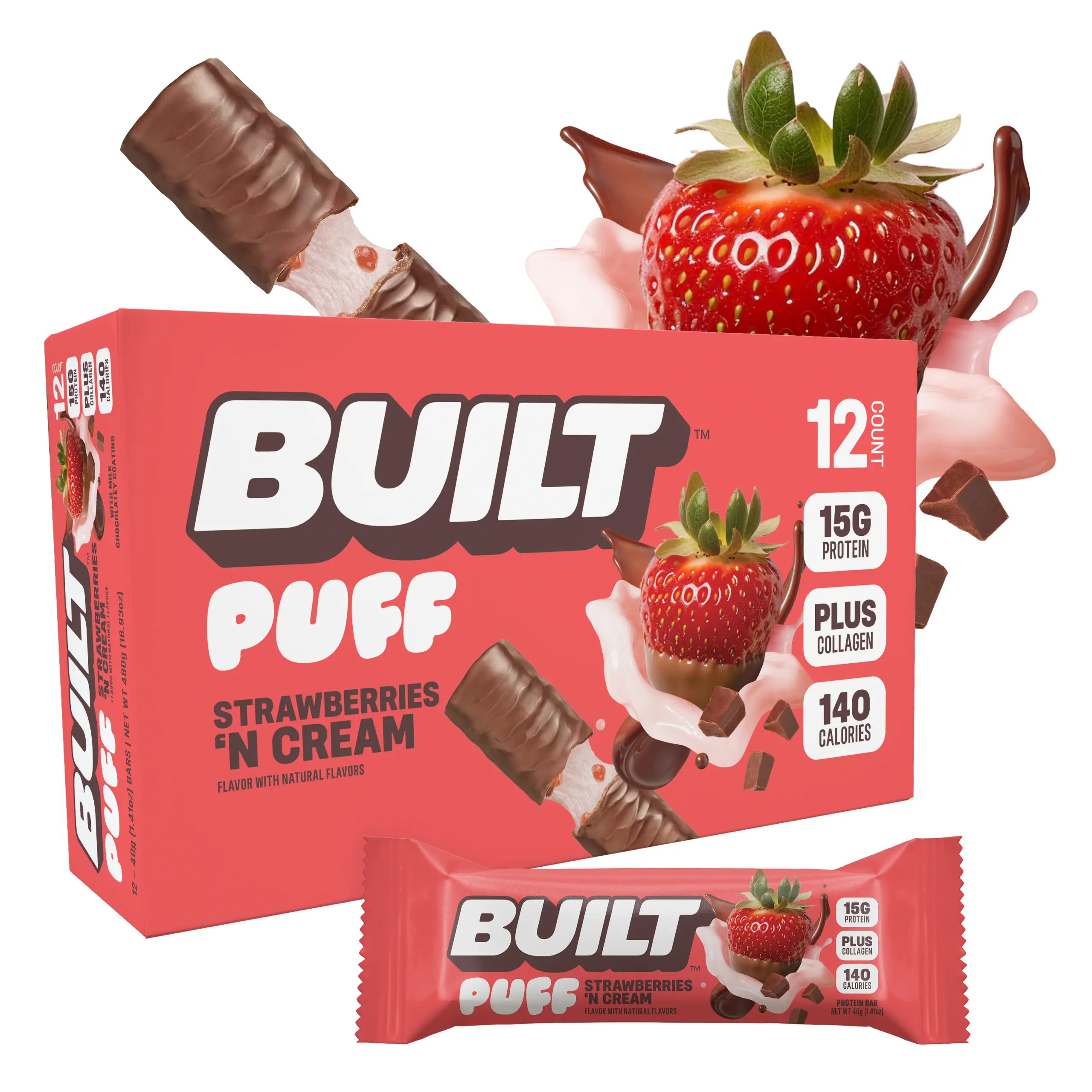 Official BUILT Bar, Puff Protein Bar Snack, Strawberries 'N Cream Puff, 15g Protein, 140 Calories, Collagen, Gluten Free Official BUILT Bar, Puff Protein Bar Snack, Strawberries 'N Cream Puff, 15g Protein, 140 Calories, Collagen, Gluten Free
