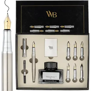 Calligraphy Pen  Set, Includes Bottle, 6 Cartridges, 1 Refill Converter, 6 Replacement Nibs,  Package, Journaling, Smooth Writing Pens [ Chrome]