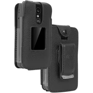 Case for TCL Flip 4 5G Phone, Nakedcellphone [Black Vegan Leather] Form-Fit Cover [Built-In Screen Protection] and [Metal Belt Clip] for T440 (2025)