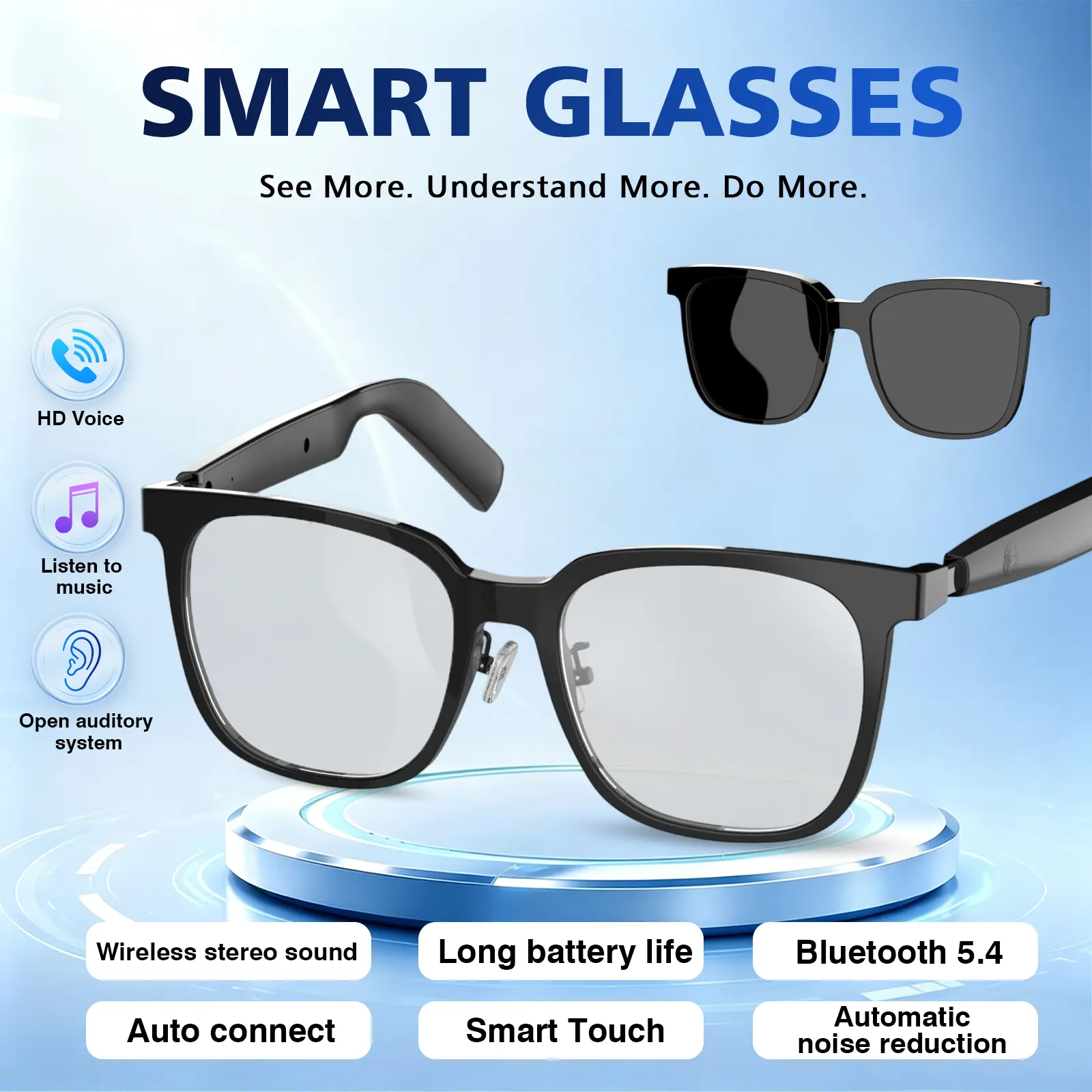 Smart AI Bluetooth Sunglasses with Open Ear Audio, Hands-Free Calling, Music Listening & Replaceable Polarized Lenses, Wireless Smart Glasses for Men & Women, UV Protection Eyewear