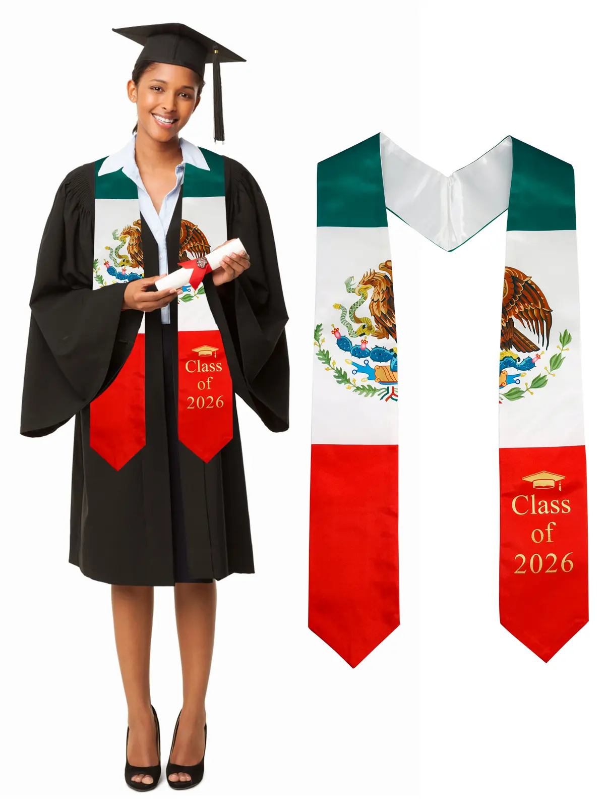 GraduationMall Mexico Country Flag Print Silk Satin Graduation Stole - 72" Long 1-Piece Fashion Shawl for Study Abroad International Students, Class of 2026, Shawl for Formal Dress, One-Piece