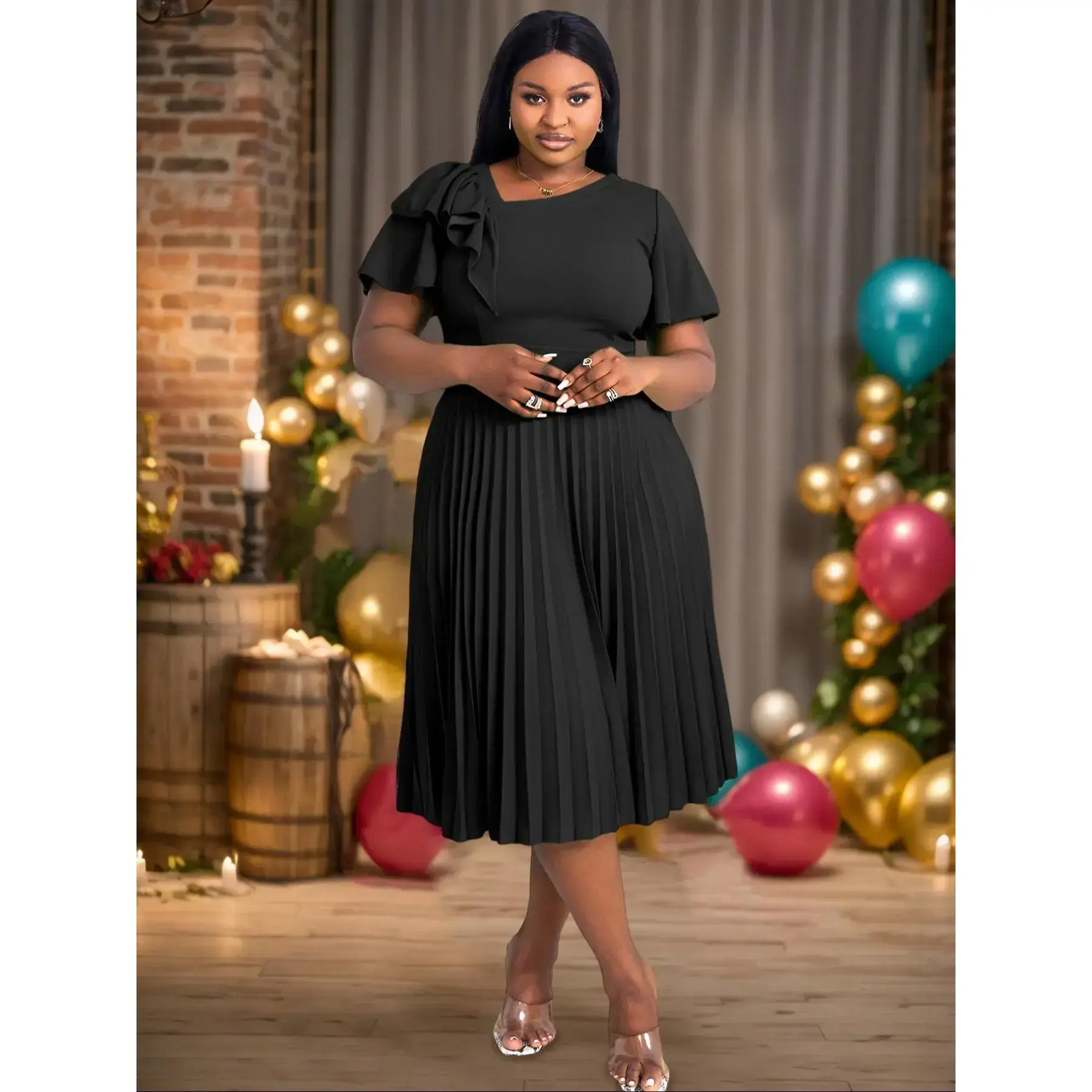 Plus Size Solid Color Ruffle Trim A-Line Midi Dress, Elegant Dress for Parties and Wedding Guests, Women's Clothing for All Seasons - TikTok Shop Plus Size Solid Color Ruffle Trim A-Line Midi Dress, Elegant Dress for Parties and Wedding Guests, Women's Clothing for All Seasons - TikTok Shop