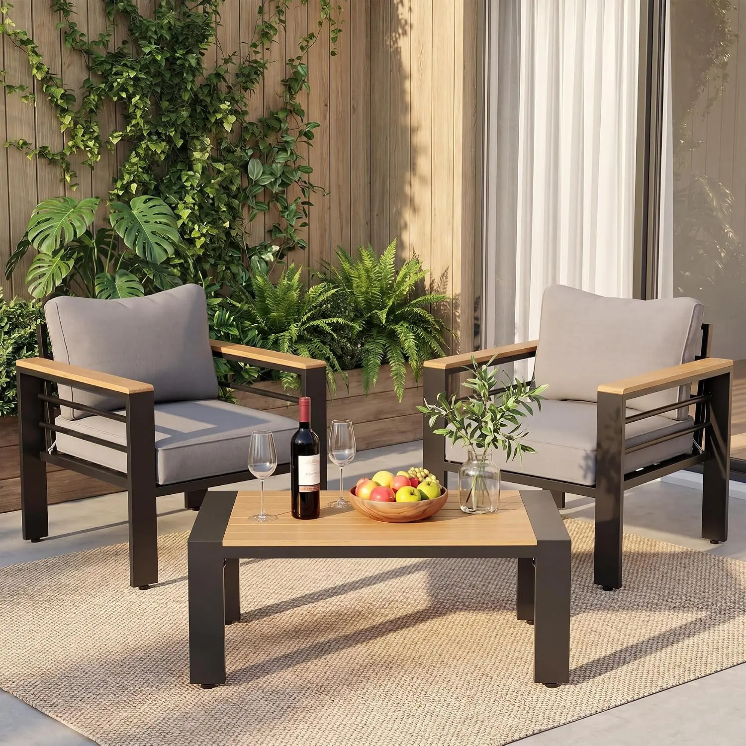 LAUSAINT HOME Aluminum Outdoor Patio Furniture Set, 2-Seat Patio Conversation Set with Oversized Sectional Sofa, Thick Washable Cushions & Coffee Table for Backyard, Porch, Deck, Balcony