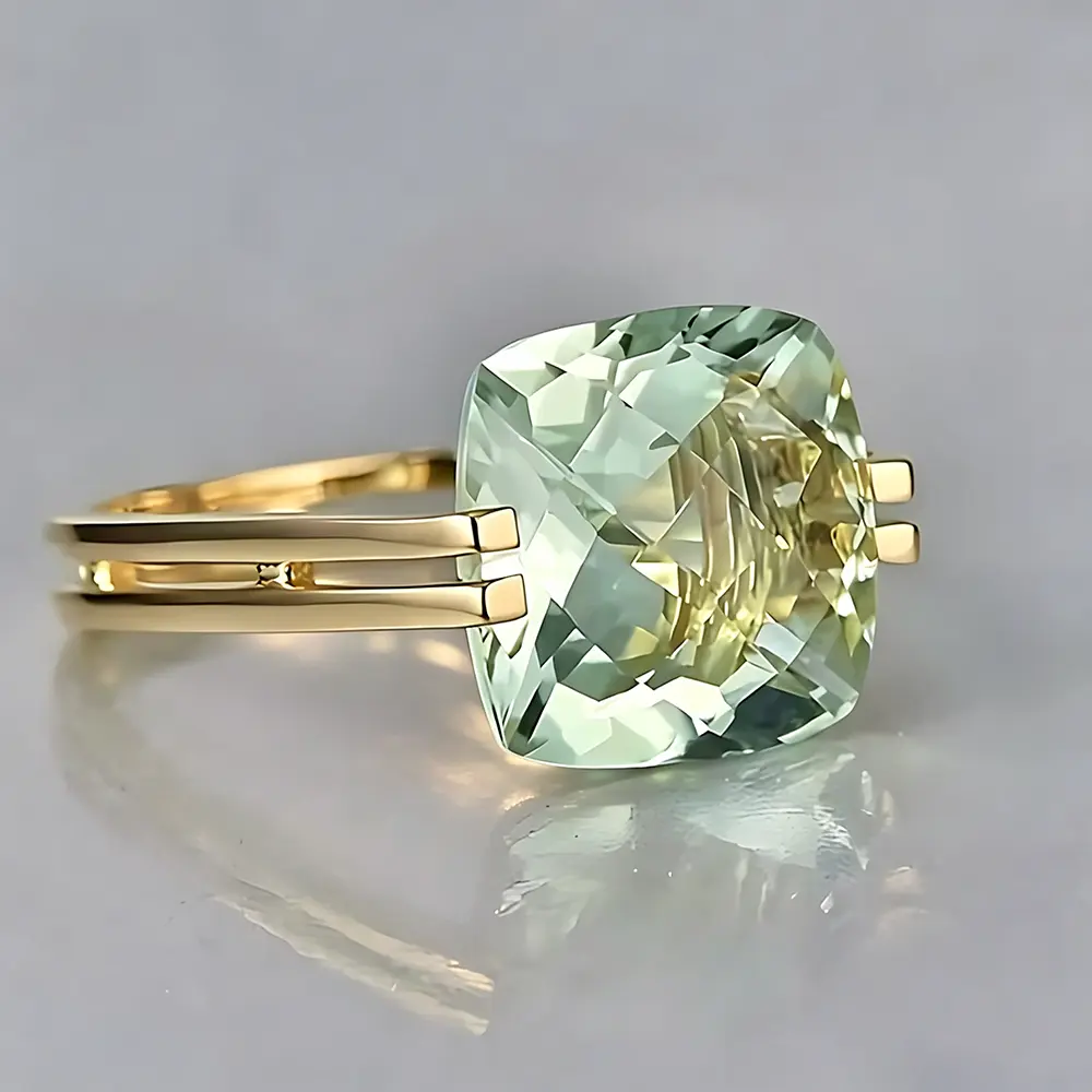 Minimalist cushion-cut green crystal solitaire ring, everyday understated luxury jewelry, exquisite everyday cocktail ring
