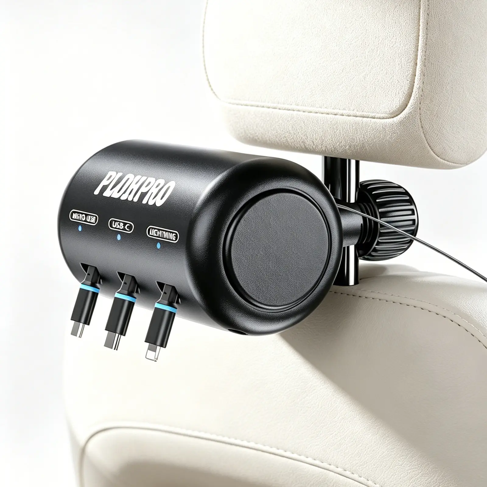 3 in 1 Car Headrest Charger for Backseat, Retractable Charging Station with USB-C, Lightning & Micro USB for iPhone, Samsung, iPad & Tablets, Kids Travel, Uber, Lyft & Taxi