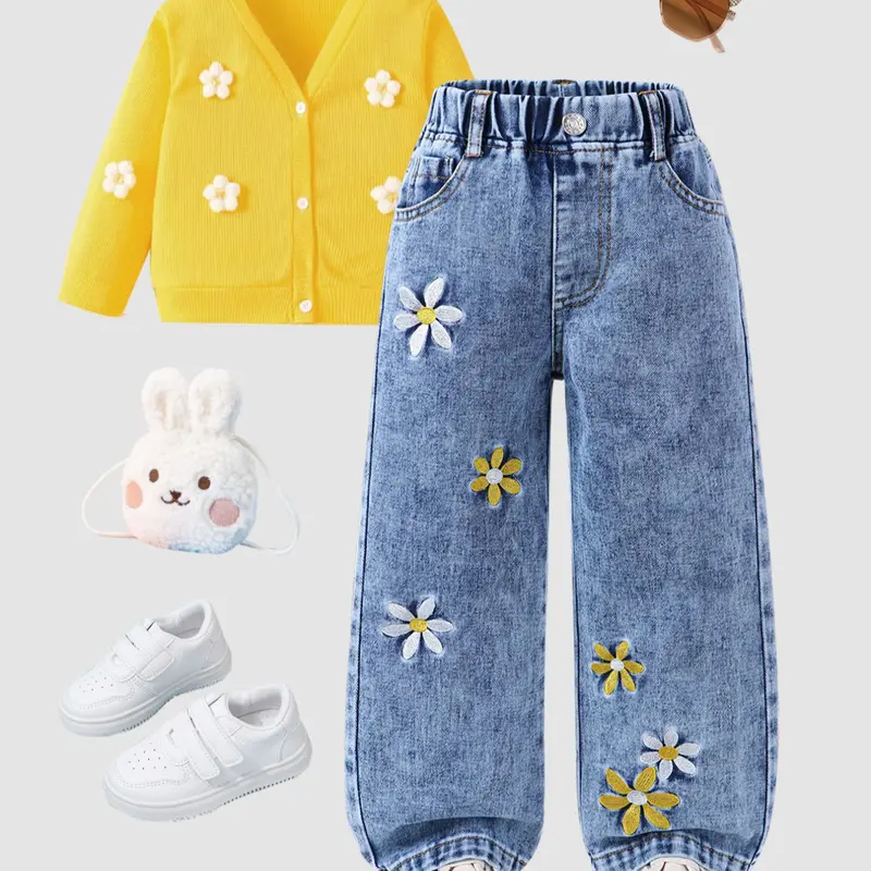 Vintage Blue Washed 3D Snowflake Jeans, Elegant Floral Embroidery Design, Casual Loose-Fit Long Jeans for Girls, All Seasons Fashion Loose Legged