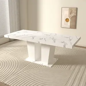 Extendable Dining Room Table for 6-10 Modern White Faux Marble Wooden Expandable Kitchen Table w/Dual Column Pedestal Base, Large Rectangle Dining Table