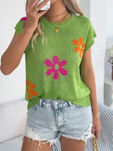 Spring Summer Women's Green Round Neck Colorful Floral Knit Tank Top - Loose Sleeveless Casual Top Knitwear
