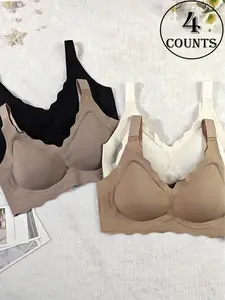 Women's Seamless Wireless Backless Bra, Adjustable Wide Straps, Comfortable Breathable Daily Wear, Ribbed Stripe Design, Ladies Underwear