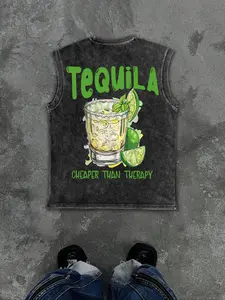 Funny Print Washed Vest, Humorous Drinking Theme Sleeveless Apron, Casual Fitted Top Without Zipper, Graphic Pattern, Unisex Fashion