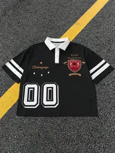 Unisex Polo Shirt with Collar, Striped Sleeves, Chest Print, Street Style Casual Fashion for Outdoor Sports School Youth