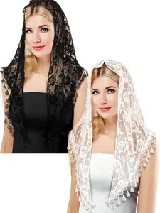 2 Pieces Floral Lace Veils Head Covering Latin Mass Mantilla Veils Short Scarf for Bridal Women