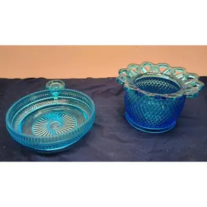 Imperial Glass Open Lace Blue Diamond Point Vase And Trinket Dish