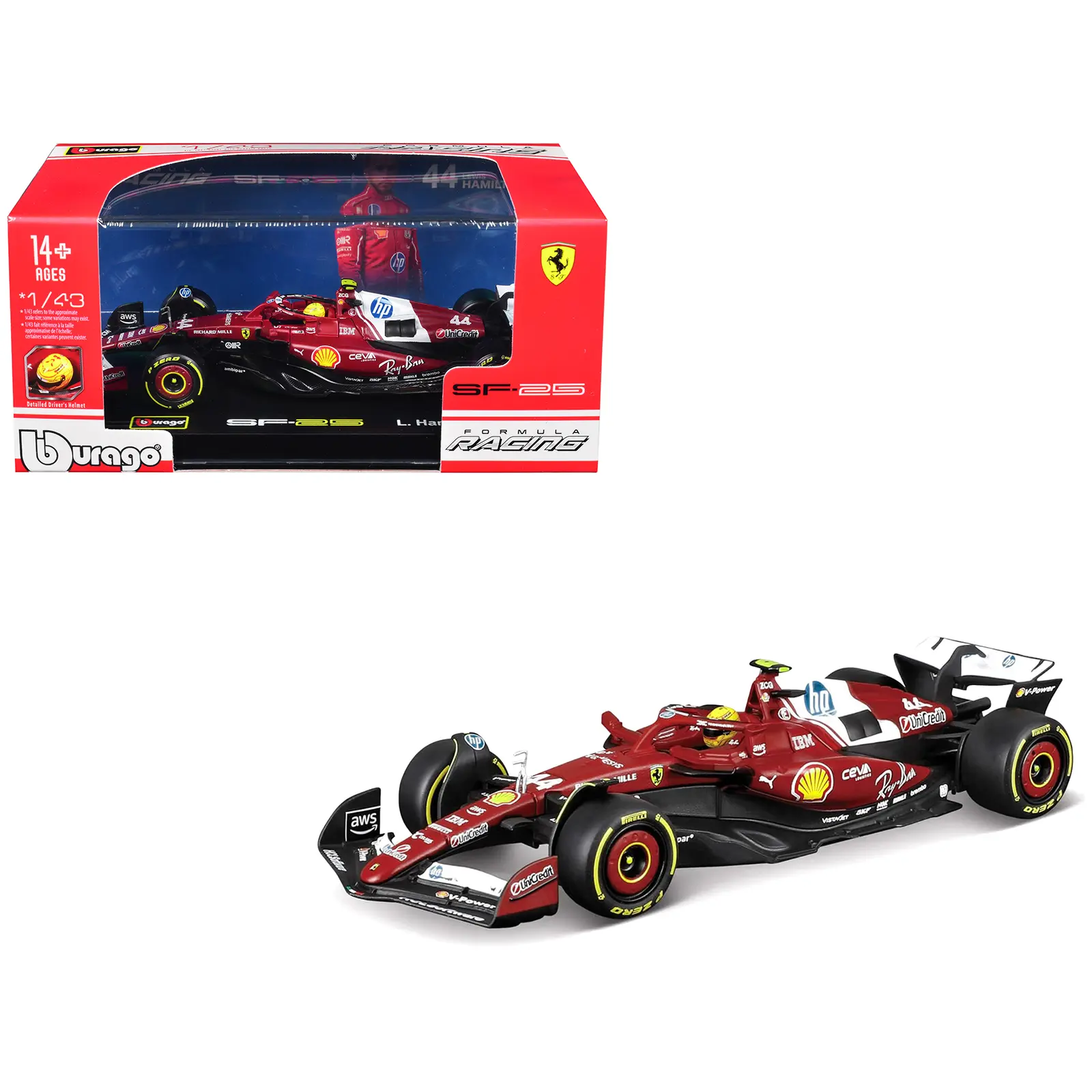 Ferrari SF-25 #44 Lewis Hamilton Formula One F1 "World Championship" (2025) with Display Case 1/43 Diecast Model Car by Bburago