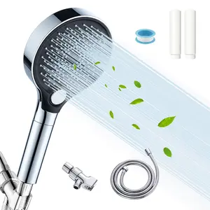 5-piece shower set features a high water flow handheld showerhead with a self-cleaning silicone nozzle design .3 spray settings with pressure-boosting and filtration capabilities，two additional filter cartridges ，a 59’inch hose，and a mount，silver