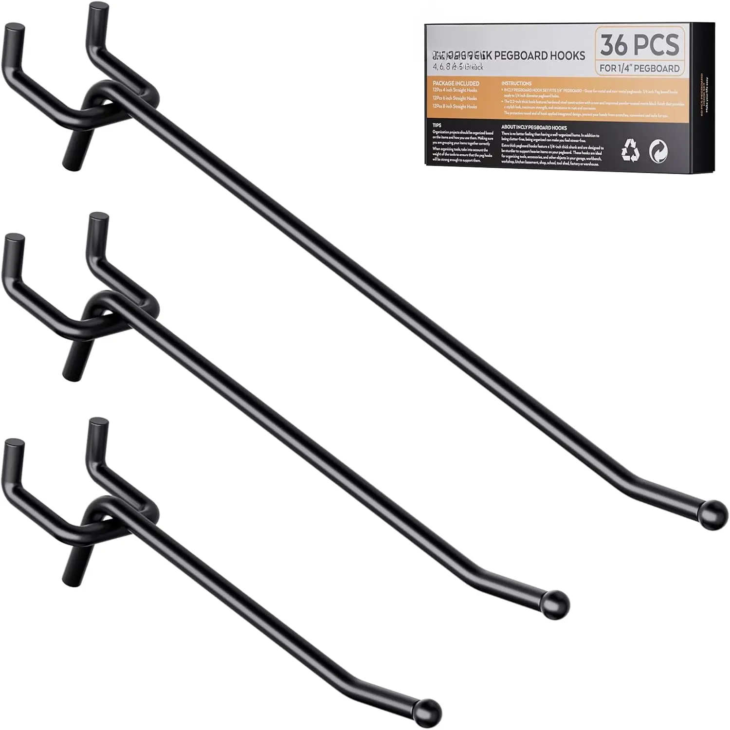 36 Pack 4/6/8 Inch Black Pegboard Hooks, 1/4" Heavy Duty Peg Board Shelving Hooks Accessories, Peg Board Tool Hangers Fit 1/4" Pegboard for Organizing Garage, Craft Room, Kitchen, Store