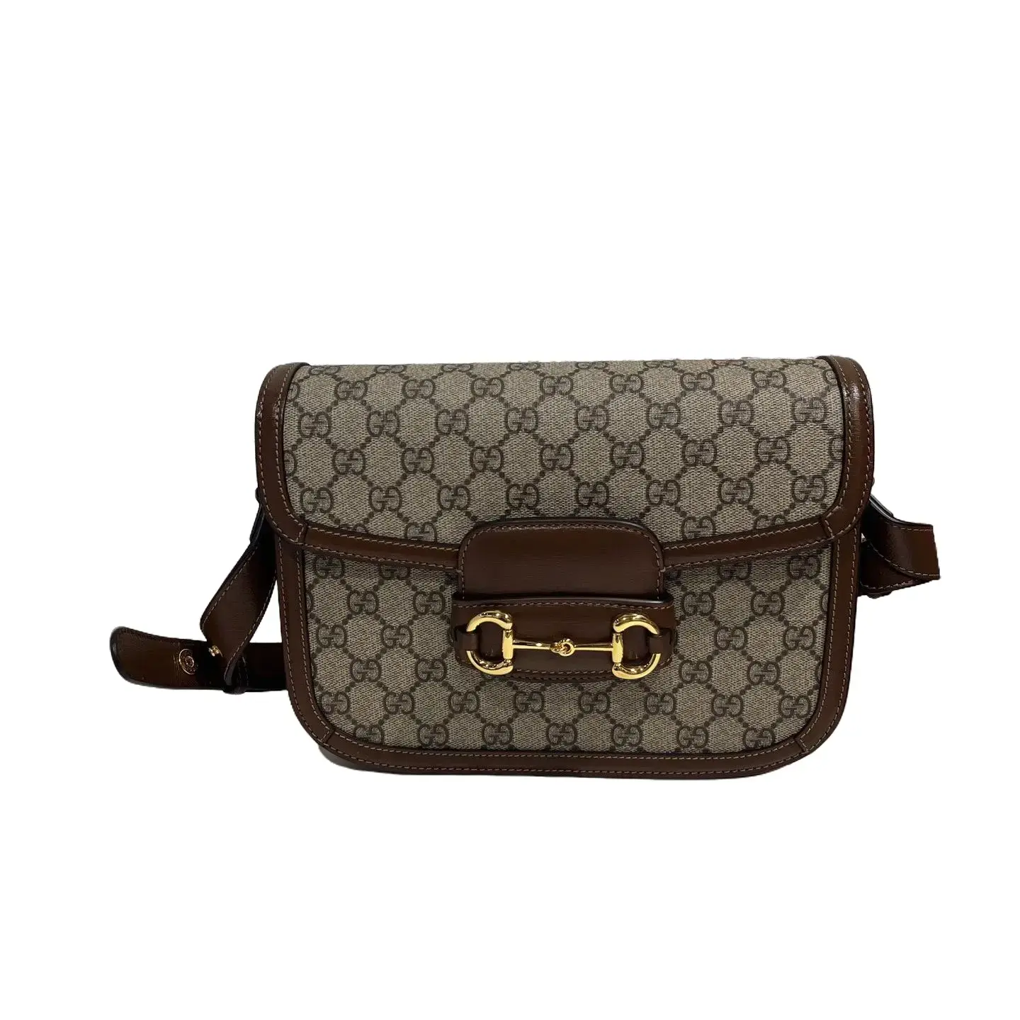 Pre-owned GUCCI Horsebit 1955 Medium GG Supreme Brown Leather Shoulder Bag