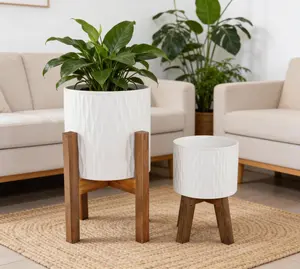 White Ceramic Planter Set with Wood Stands