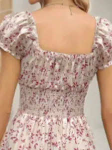 Women's Spring Summer New Sexy Half Sleeve Fashion Waist Cinched Vintage Floral Bubble Sleeves French Dress