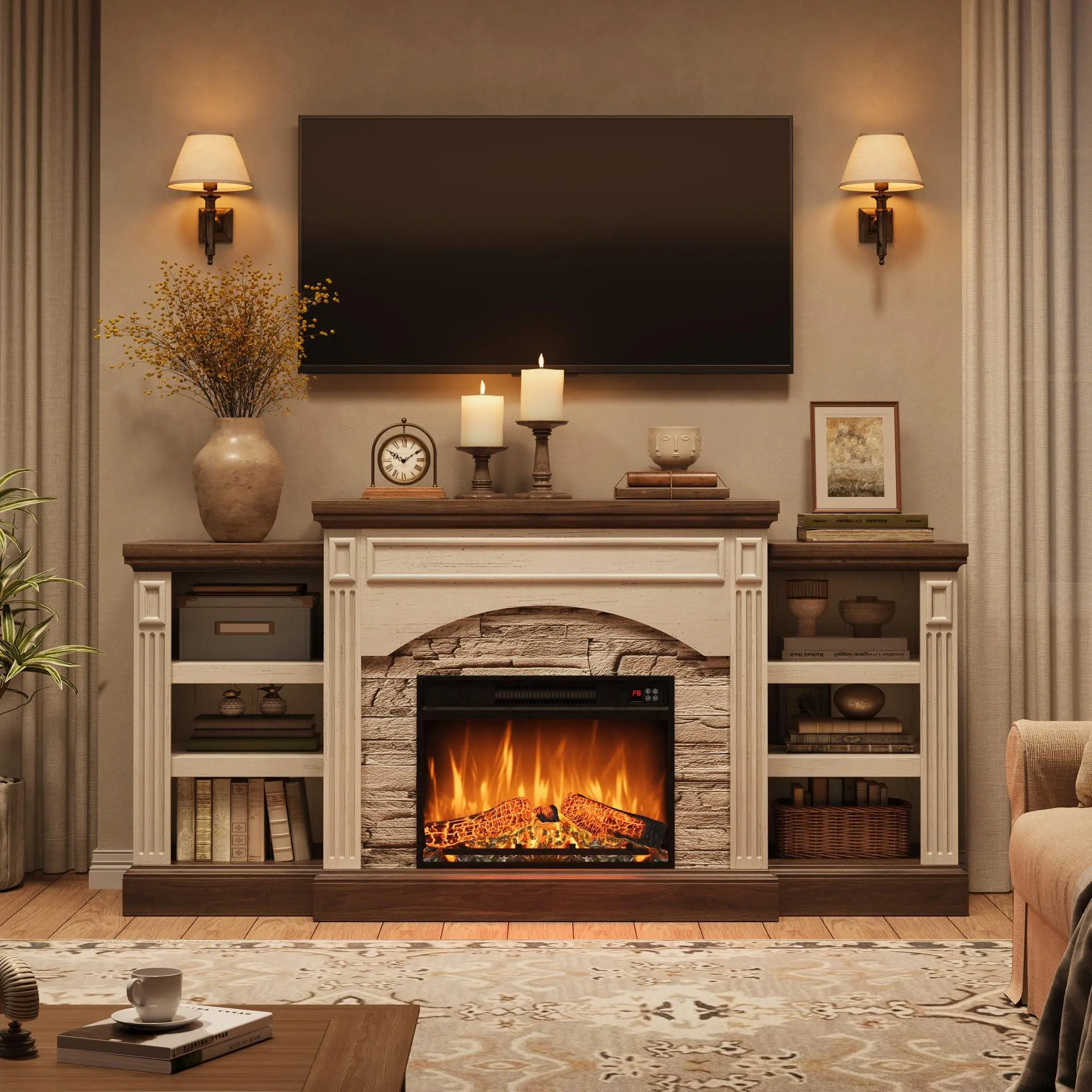 GARVEE Fireplace TV Stand with Remote and 3D Flame, Wooden Tall Electric Fireplace with Mantel, Entertainment Center for TVs Up to 80 Inch, Media Console Table for Living Room and Bedroom, White