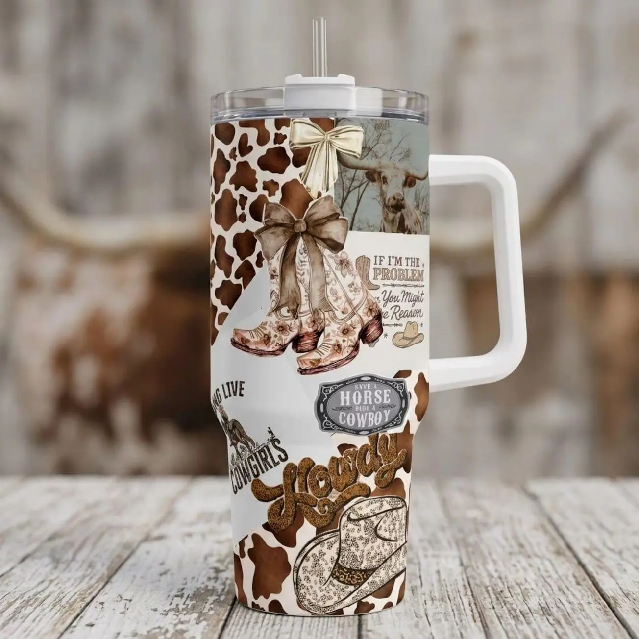 Western Cowgirl 40oz Tumbler with Handle, Cowboy Boots Cow Print Travel Mug, Howdy Tumbler, Rodeo Country Girl Gift, Western Cup