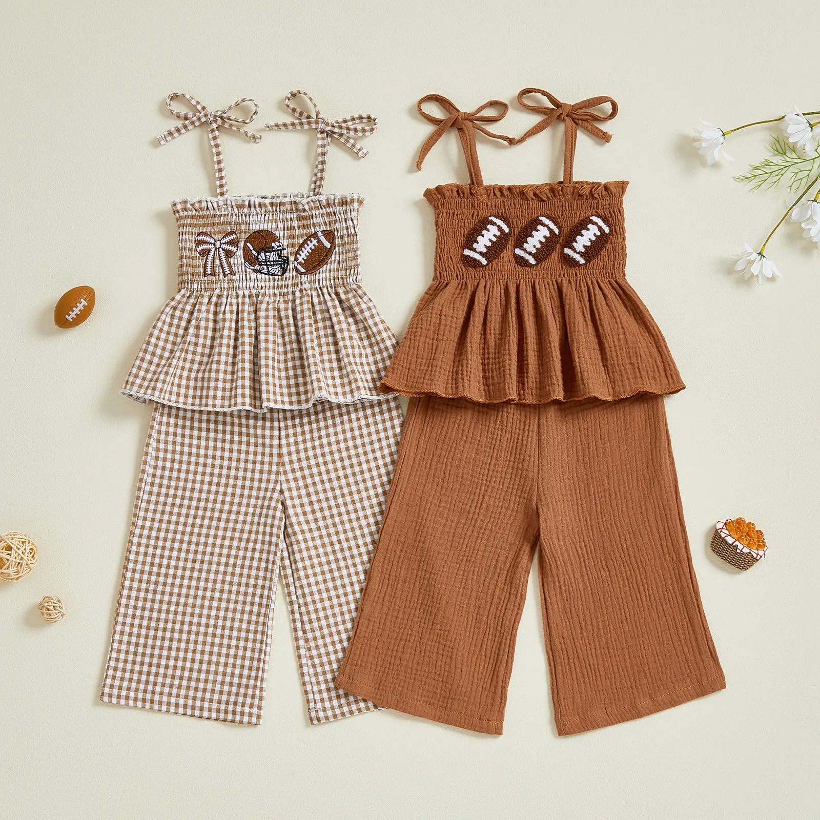 Toddler Baby Little Girls Outfit Plaid Football Embroidery Smocked Tie-up Spaghetti Strap Babydoll Tops Wide Leg Pants Set 6M-5Y