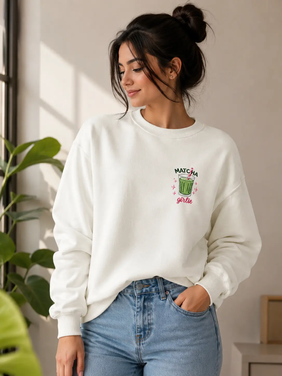 Matcha Girlie Embroidered Sweatshirt, Coquette Aesthetic Crewneck, Matcha Lover Hoodie, Cute Y2K Green Tea Pullover