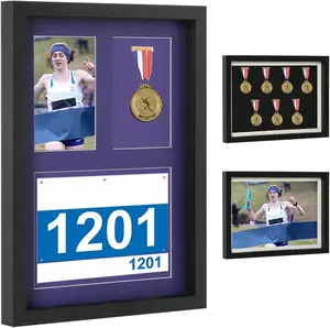 Shadow box for medals, competition bibs, and photo displays -7 medal display boxes - Large medal display frame suitable for marathon runners, competition winners, military awards, triathlon, and all sports (black, A3)