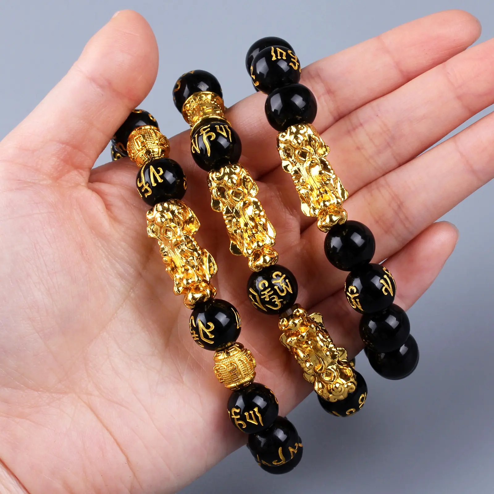 3Pcs/set Retro Wealth Golden pixiu Black Glass Beaded Bracelet Set For Men Jewelry Gift