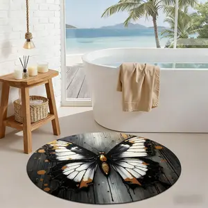1Pc Art style butterfly with black white and gold elements Circular Bathroom Mat, Flannel Non Slip Round Art Beauty Bath Rug, Circular Thickened Soft Absorb Water Floor Carpet, Microfiber Surface Memory Foam Cushion, Soft Absorbent Mat