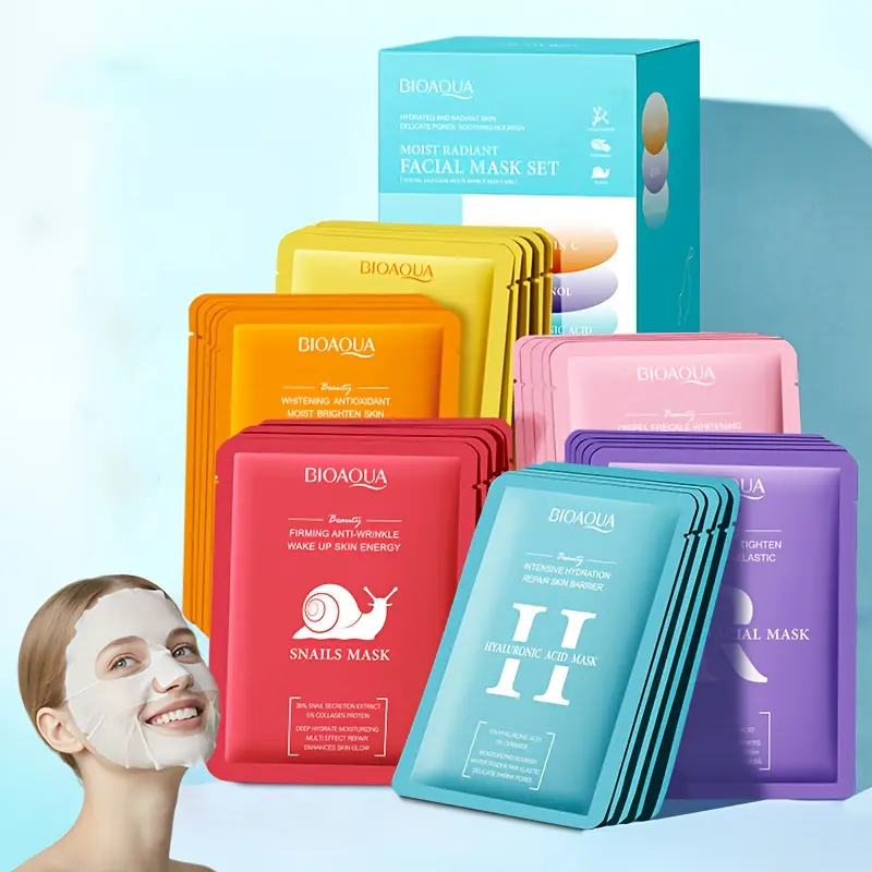 30pcs/box Moisturizing At Home Facial Mask Set, Moisturizing Beauty Mask, 5pcs Snails Face Mask, 5pcs Retinol Face Mask, 5pcs Turmeric Face Mask, 5pcs Vitamin C Face Mask, 5pcs Hyaluronic Acid Face Mask