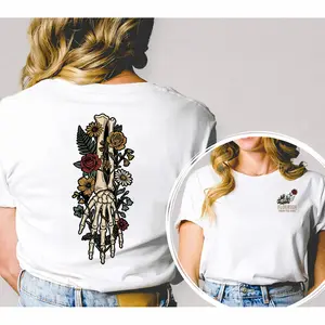 Dark Academia Flower Skeleton Cotton Tee With Minimalist Front And Back Design