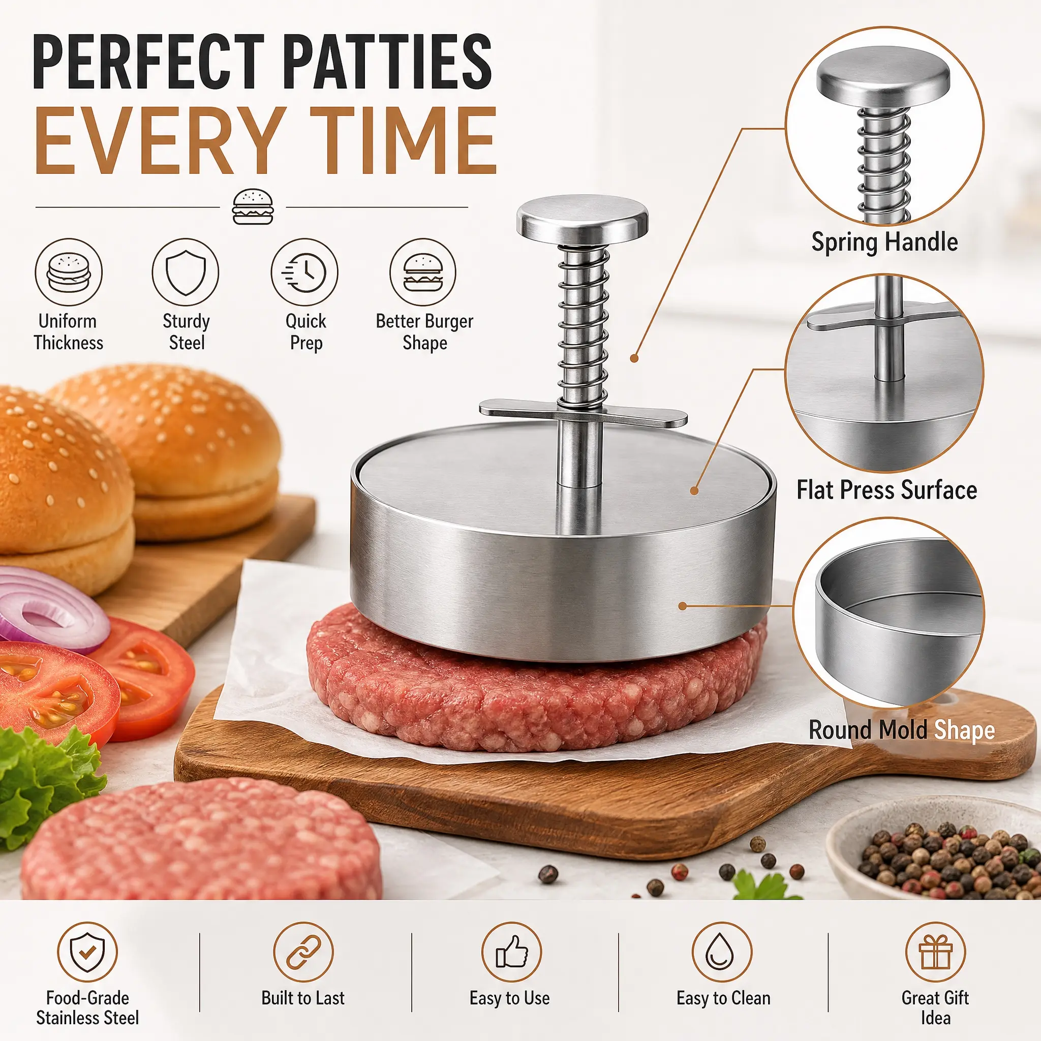 Stainless Steel Burger Patty Press – Spring-loaded mold for making perfect, evenly shaped patties; nonstick iron burger press for kitchen and BBQ #KitchenGadget