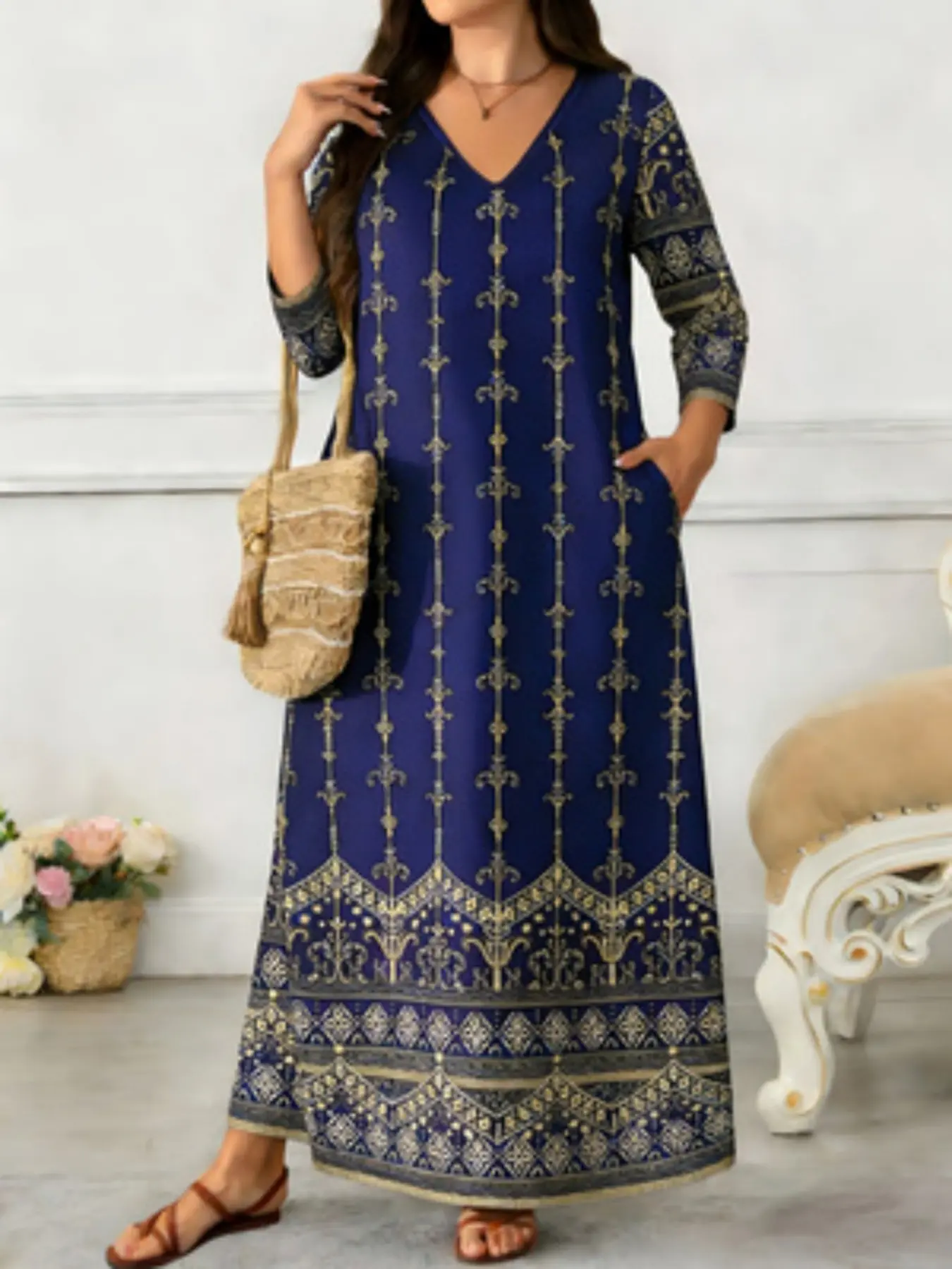 Women's V-Neck Long Sleeve Dress with Side Pockets, Casual Boho Chic Vacation Style, Printed Paisley Design, Comfortable and Stylish, Perfect for Relaxing Days, Womenswear