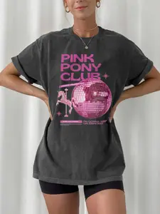 Women's Vintage Pink Pony Club Graphic Round Neck Tee, Casual Letter Print Short Sleeve T-shirt for Summer, Women's Top for Daily Wear