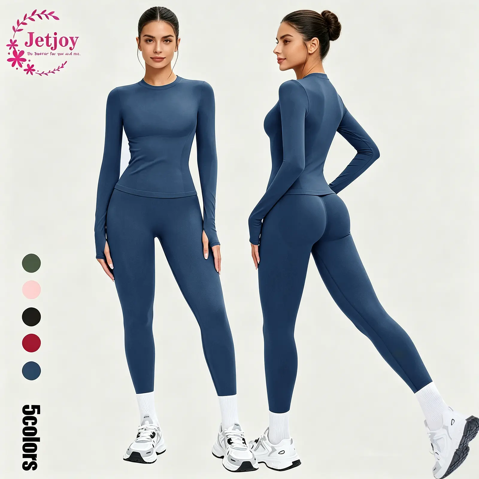 Jetjoy Workout Sets for Women 2 Piece Long Sleeve T-Shirt Top +Hidden Scrunch Leggings Butt Lifting Gym Set Seamless Yoga Outfit Athletic Clothes