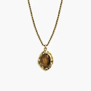 en route 18K Gold Plated Gold Tiger's Eye Savannah Long Necklace, Vintage-inspired Chatoyant Gemstone Jewelry for Bohemian Layering, Versatile Long Chain Essential Designed for Modern Outfits