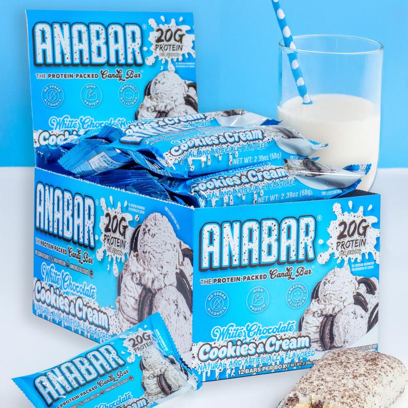 Cookies & Cream Anabar - 12 Pack - Best Tasting Protein Bar With 20g Protein & No Sugar Alcohols. Candy Bar Flavor With Protein Bar Nutrition.