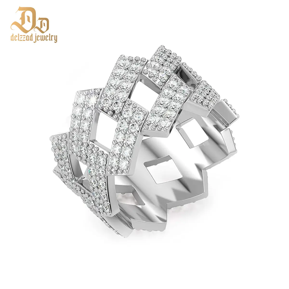 Delzzad 2-Row Cuban Link Ring Round VVS Synthetic Moissanite Ring Band S925 For Men Christmas Gift