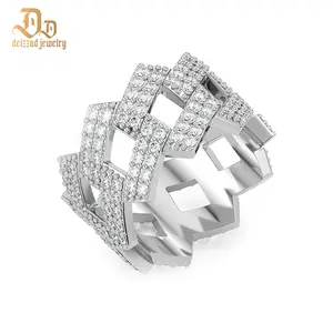 Delazzad 2-Row Cuban Link Ring Round VVS Synthetic Moissanite Ring Band S925 For Men Christmas Gift