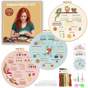 Beginner Embroidery Kit for Adults, 3 Pack  Stitch Kits with Pre-Printed Patterns, Threads, , Learn Stitches with 7.8" Hoop, Video Tutorial, DIY Needlework Craft  for Women