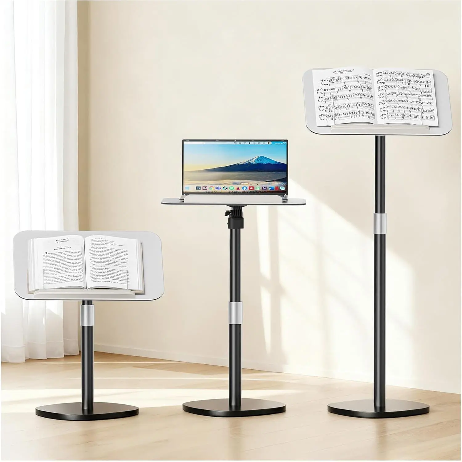 Floor Book Stand for Reading, Floor-Standing Book Holder with Page Clip, Adjustable Height 26.4"-56.3", Portable Podium Stand with Rotating Panel for Books Sheet   Projector
