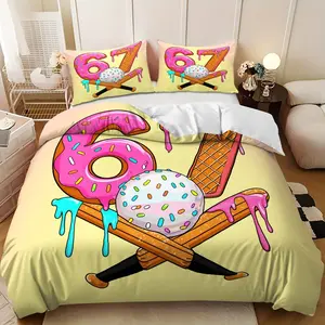 3-piece bedding set, Cartoon printed bedding - Pink, orange and blue donut ice cream ball down comforter set (1 duvet cover + 2 pillowcases, filling not included) - soft and comfortable