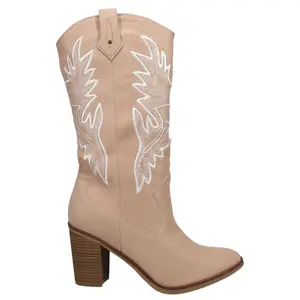 MIA Womens Taley Embroidered Round Toe Pull On Casual Boots Mid Calf High Heel 3" & Up - Beige